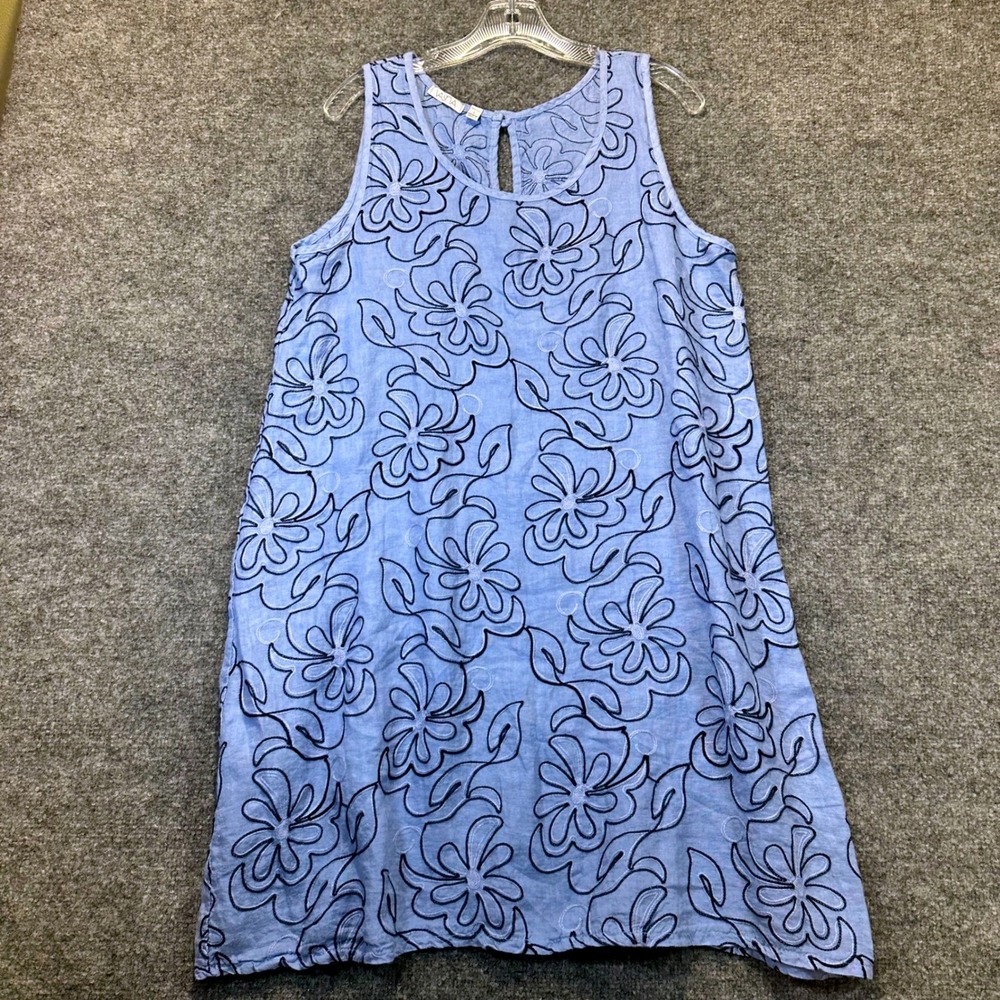 Vasna Linen Shift Dress Women Large Blue Floral Embroidered Coastal Cottagecore